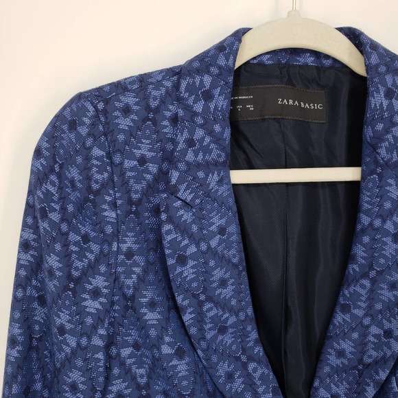 3/$25 Zara Jacquard Blazer Jacket XS Aztec Tribal One Button Cotton Blend Blue - Picture 9 of 13